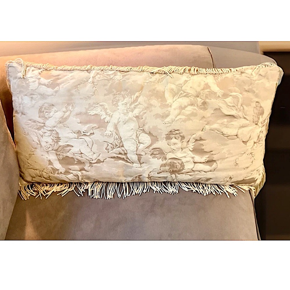 🪽BESS🪽LOMBER CHERUB ANGLES LINEN CANVAS FRINGE VTG DECRETIVE ACCENT PILLOW👼